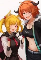 Rule 34 | 2girls, ;d, ahoge, animal ear fluff, animal ears, arknights, black gloves, black jacket, black shorts, black sports bra, black vest, blonde hair, bow, breasts, cleavage, collarbone, commentary request, cow girl, cow horns, cowboy shot, croissant (arknights), fang, fur-trimmed jacket, fur trim, gloves, green eyes, groin, hair bow, heart, heart hands, highres, horns, jacket, long hair, looking at viewer, medium breasts, midriff, multiple girls, navel, necktie, one eye closed, open clothes, open jacket, open mouth, orange hair, red bow, red eyes, red necktie, shirt, short hair, shorts, sidelocks, simple background, skirt, smile, sora (arknights), sports bra, standing, suzutaro, twintails, vest, white background, white shirt, wolf ears