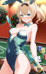 Rule 34 | 1girl, absurdres, alternate costume, animal ears, bare shoulders, blonde hair, blush, bow, bowtie, breasts, casino, casino card table, covered navel, cowboy shot, dartboard, detached collar, fake animal ears, green bow, green bowtie, green eyes, green leotard, hair between eyes, highres, holding, holding sword, holding weapon, hololive, kazama iroha, leotard, looking at viewer, medium breasts, medium hair, mogmog megmog, playboy bunny, poker chip, ponytail, sheath, sheathed, solo, strapless, strapless leotard, sword, table, virtual youtuber, weapon, wrist cuffs