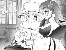 2girls artist_name azur_lane blush boots breasts cleavage closed_mouth coat coat_dress commentary_request conet510 couch cup curtains dress earrings flower fur-trimmed_coat fur-trimmed_collar fur-trimmed_dress fur-trimmed_sleeves fur_hat fur_trim hair_between_eyes hair_flower hair_ornament hat hexagram highres holding holding_cup ice ice_cube indoors jewelry large_breasts lens_flare long_hair long_sleeves monochrome multiple_girls murmansk_(azur_lane) on_couch open_mouth pantyhose papakha pom_pom_(clothes) single_earring sitting smile star_of_david steam twitter_username voroshilov_(azur_lane) wide_sleeves window winter_clothes winter_coat