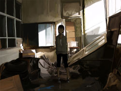 Rule 34 | 1girl, bad id, bad pixiv id, black hair, braid, child, full body, indoors, kasa (hitori sanka), looking at viewer, medium hair, messy room, muted color, room, roomscape, ruins, solo, standing, twin braids