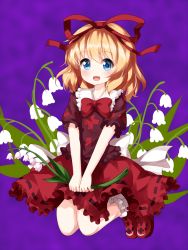 Rule 34 | 1girl, black ribbon, blonde hair, blue eyes, bow, bowtie, flower, full body, hair ribbon, highres, holding, holding flower, legs up, lily of the valley, looking at viewer, medicine melancholy, open mouth, petticoat, purple background, red bow, red bowtie, red footwear, red ribbon, red skirt, ribbon, ribbon-trimmed shirt, ribbon-trimmed skirt, ribbon trim, ruu (tksymkw), short sleeves, skirt, smile, solo, touhou, white flower, white legwear