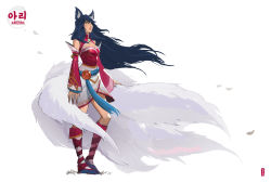 Rule 34 | 1girl, absurdres, ahri (league of legends), animal ears, artist name, belt, black footwear, black hair, boots, breasts, cleavage, den (denwhat), detached sleeves, facial mark, fingernails, fox ears, fox girl, fox tail, highres, knee boots, kyuubi, large breasts, league of legends, legends of runeterra, long hair, long sleeves, looking up, multiple tails, parted lips, petals, sharp fingernails, shiny skin, shoes, simple background, solo, tail, whisker markings