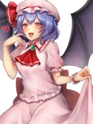 Rule 34 | 1girl, :d, ascot, bad id, bad pixiv id, bat wings, blue hair, breasts, brooch, commentary request, cowboy shot, dress, fangs, frilled shirt collar, frills, hair between eyes, hand up, hat, hat ribbon, heart, highres, jewelry, looking at viewer, medium breasts, mob cap, open mouth, pink dress, pink hat, puffy short sleeves, puffy sleeves, red ascot, red eyes, red ribbon, remilia scarlet, ribbon, short hair, short sleeves, simple background, skirt hold, smile, solo, tongue, tongue out, touhou, white background, wing collar, wings, wrist cuffs, yayoi maka