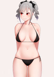 Rule 34 | 1girl, arms behind back, bare shoulders, bikini, black bikini, black bow, black ribbon, blush, bow, breasts, breasts apart, closed mouth, collarbone, cowboy shot, drill hair, embarrassed, flying sweatdrops, gluteal fold, grey background, grey hair, hair bow, highres, idolmaster, idolmaster cinderella girls, kanzaki ranko, looking away, looking to the side, medium breasts, navel, polka dot, polka dot bow, red eyes, ribbon, senju (snz0), short hair, short twintails, side-tie bikini bottom, sidelocks, simple background, skindentation, smile, solo, stomach, swimsuit, twin drills, twintails