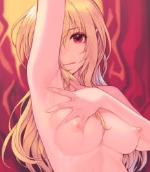 Rule 34 | 1girl, :q, arm up, armpit focus, armpits, blonde hair, blurry, blurry background, breasts, commentary request, deep skin, depth of field, idolmaster, idolmaster cinderella girls, kurosaki chitose, long hair, looking at viewer, medium breasts, nipples, presenting armpit, red eyes, sidelocks, solo, spread armpit, sunaba suzume, sweat, tongue, tongue out, upper body