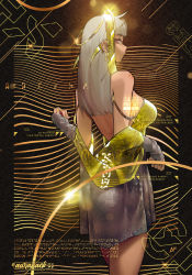 Rule 34 | 1girl, armlet, ass, aurahack, back, blush, breasts, commentary, cowboy shot, cyberpunk, detached sleeves, dress, earrings, from behind, from side, gold nails, grey hair, halo, halter dress, halterneck, highres, jewelry, large breasts, looking back, nail polish, no bra, original, red eyes, shawl, sideboob, silver dress, solo, spaghetti strap, standing, straight hair, strap gap, tiara, w arms
