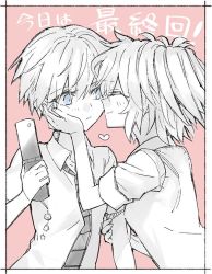 Rule 34 | 10s, 2girls, akuma no riddle, arm grab, azuma tokaku, blue eyes, blush, cellphone, cellphone charm, cellphone strap, charm (object), chin rest, embarrassed, closed eyes, flip phone, hand on another&#039;s face, head on head, heart, ichinose haru, looking at another, minakata sunao, monochrome, multiple girls, necktie, official art, phone, pink hair, short hair, smile, spot color, text focus, translated, twintails, yuri