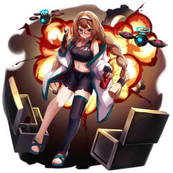 Rule 34 | 1girl, absurdres, bike shorts, braid, breasts, brown eyes, brown hair, can, cleavage, closed mouth, evil eye sigma, explosion, full body, gears, glasses, hairband, halterneck, highres, holding, holding can, holding wrench, jacket, long hair, looking at viewer, medium breasts, midriff, navel, off shoulder, red-framed eyewear, rika (touhou), robot, sandals, semi-rimless eyewear, single thighhigh, solo, stirrup legwear, thighhighs, toeless legwear, toolbox, touhou, touhou (pc-98), twin braids, very long hair, white background, white hairband, white jacket, wrench, yingzi luren