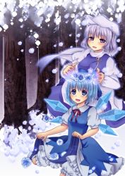 Rule 34 | 2girls, amagumo, blue dress, blue eyes, blue flower, blue hair, blue rose, blush, cirno, clothes lift, dress, dress lift, flower, hat, ice flower, letty whiterock, multiple girls, perfect cherry blossom, rose, smile, snow, touhou, wings
