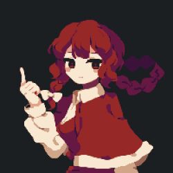 Rule 34 | + +, 1girl, 4qw5, alternate hairstyle, blush, braid, capelet, closed mouth, expressionless, eyebrows hidden by hair, floating hair, grey background, hair ribbon, hand up, index finger raised, long hair, looking at viewer, okazaki yumemi, pixel art, red capelet, red eyes, red hair, ribbon, simple background, solo, touhou, touhou (pc-98), tress ribbon, twin braids, upper body