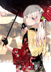 Rule 34 | 1girl, black gloves, black kimono, blurry, blurry background, braid, closed mouth, commentary request, depth of field, floral print, flower, gloves, hair between eyes, hair flower, hair ornament, half gloves, highres, holding, holding umbrella, japanese clothes, kimono, long hair, long sleeves, looking at viewer, looking to the side, obi, oil-paper umbrella, original, print kimono, purple eyes, red flower, red kimono, red rose, rose, sasahara wakaba, sash, solo, tongue, tongue out, umbrella, white hair, wide sleeves
