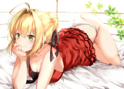 Rule 34 | 10s, 1girl, ahoge, ass, bad id, bad pixiv id, blonde hair, blush, bow, bowtie, braid, breasts, cleavage, dress, fate/extra, fate/grand order, fate (series), green eyes, hair bow, hair intakes, hair ribbon, looking at viewer, lying, medium breasts, nero claudius (fate), nero claudius (fate) (all), nero claudius (fate/extra), official alternate costume, on bed, on stomach, panties, ponika, ribbon, smile, solo, underwear