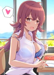 Rule 34 | 1girl, absurdres, ahoge, blue bra, blue sky, blush, bra, breasts, buttons, chair, classroom, commentary, day, desk, ginmugi, hair between eyes, hair flaps, half-closed eyes, heart, highres, holding, holding pencil, idolmaster, idolmaster shiny colors, komiya kaho, lace, lace bra, large breasts, looking at viewer, open mouth, pencil, red eyes, red hair, school chair, school desk, see-through, shirt, sidelocks, sky, sleeveless, sleeveless shirt, smile, solo, spoken heart, strap slip, tree, unbuttoned, unbuttoned shirt, underwear, white shirt, window, wing collar