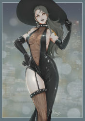 Rule 34 | 1girl, arm tattoo, atlus, bare shoulders, black dress, black hat, breasts, building, center opening, choker, cityscape, cleavage, commentary request, covered navel, dress, earrings, elbow gloves, fishnet thighhighs, fishnets, garter straps, gloves, goth fashion, halter dress, halterneck, hand on own hip, hat, highres, jewelry, kumanz, large breasts, long dress, long hair, night, night sky, niijima sae, parted lips, persona, persona 5, sega, shadow (persona), shadow sae, side slit, signature, silver hair, sky, skyscraper, sleeveless, sleeveless dress, spiked choker, spikes, standing, tattoo, thighhighs, yellow eyes