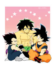 Rule 34 | 3boys, black eyes, black hair, boots, broly (dragon ball super), commentary request, dougi, dragon ball, dragon ball super, dragon ball super broly, facial scar, gloves, index finger raised, indian style, male focus, multiple boys, open mouth, scar, scar on cheek, scar on chest, scar on face, senka-san, sitting, smile, son goku, star (symbol), starry background, topless male, twitter username, vegeta, white footwear, white gloves