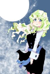 Rule 34 | 1girl, blue eyes, blush, breasts, cowboy shot, diana cavendish, dress, eyes visible through hair, hys-d, light green hair, little witch academia, long hair, long sleeves, multicolored hair, patterned hair, shirt, solo, white shirt, wind