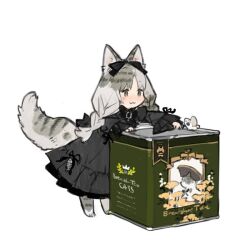 Rule 34 | 1girl, :3, animal ears, animal feet, black bow, black bowtie, black dress, bow, bowtie, braid, cat ears, cat girl, cat tail, closed mouth, digitigrade, dress, fish skeleton, frilled dress, frilled sleeves, frills, full body, green eyes, grey hair, grey tail, hair bow, long hair, long sleeves, looking at object, low twin braids, original, simple background, solo, standing, starshadowmagician, tail, twin braids, white background