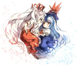 Rule 34 | 2girls, ascot, blue dress, blue hair, blue headwear, bow, brown footwear, chibi, commentary request, dress, eye contact, from side, fujiwara no mokou, hair bow, kamishirasawa keine, long hair, looking at another, low-tied long hair, multicolored hair, multiple girls, ofuda, pants, pinafore dress, piyokichi, profile, puffy short sleeves, puffy sleeves, red ascot, red eyes, red pants, shirt, shoes, short sleeves, sidelocks, silver hair, simple background, sketch, sleeveless dress, streaked hair, suspenders, torn clothes, torn sleeves, touhou, very long hair, white background, white bow, white shirt, wrist cuffs