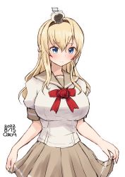 Rule 34 | 1girl, artist name, blonde hair, blue eyes, braid, breasts, brown sailor collar, brown skirt, commentary request, cowboy shot, crown, dated, flower, french braid, highres, kantai collection, large breasts, long hair, mini crown, one-hour drawing challenge, owa (ishtail), pleated skirt, red flower, red ribbon, red rose, ribbon, rose, sailor collar, school uniform, serafuku, short sleeves, simple background, skirt, skirt hold, solo, warspite (kancolle), white background