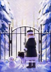 Rule 34 | 1girl, absurdres, bad id, bad twitter id, boots, capelet, commentary request, dog, pet walking, dress, fur boots, fur trim, gate, highres, leash, long sleeves, original, outdoors, romiy, snow, snowing, snowman, solo, standing, tree, winter