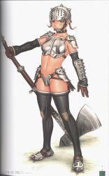 Rule 34 | 1girl, armor, axe, bandaid, bandaid on face, boots, breastplate, brown eyes, brown hair, full body, helmet, highres, original, realistic, scan, scan artifacts, solo, standing, steel, thigh boots, thighhighs, tsukasa jun, warrior, weapon