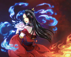 Rule 34 | 1girl, avatar: the last airbender, avatar legends, azula, bare shoulders, black hair, blue fire, detached sleeves, fire, flower, kellylee, lipstick, long hair, makeup, solo, topknot, yellow eyes