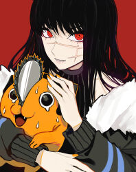 Rule 34 | 1girl, 1other, absurdres, black hair, black jacket, carrying, chainsaw, chainsaw man, cross scar, facial scar, fangs, fur-trimmed jacket, fur trim, highres, jacket, long hair, looking at viewer, open mouth, orange nails, pochita (chainsaw man), red background, red eyes, ringed eyes, sailen0, scar, scar on cheek, scar on face, simple background, sweat, yoru (chainsaw man)