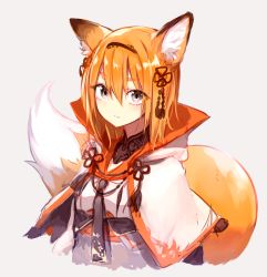 Rule 34 | 1girl, animal ears, blush, capelet, closed mouth, fox ears, fox tail, grey background, grey eyes, grey necktie, hair between eyes, hair ornament, hairband, high collar, highres, looking at viewer, necktie, orange hair, original, sash, simple background, solo, sukemyon, tail, tassel, thick eyebrows, upper body