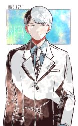 Rule 34 | 1boy, black jacket, blue background, closed mouth, collared shirt, commentary request, danganronpa (series), danganronpa 3 (anime), dated, formal, grey hair, half-closed eyes, happy birthday, izayoi sounosuke, jacket, kiri (2htkz), long sleeves, looking at viewer, male focus, multicolored clothes, multicolored jacket, necktie, print necktie, print neckwear, shiny clothes, shirt, short hair, smile, solo, two-tone jacket, upper body, white background, white hair