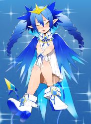 Rule 34 | 1girl, ankle boots, atage, blue background, blue cape, blue hair, blue ribbon, blush, bombergirl, boots, braid, brooch, cape, crossed legs, dress, fold-over boots, full body, gradient hair, hair between eyes, high heel boots, high heels, invisible chair, jewelry, lewisia aquablue, looking at viewer, multicolored hair, neck ribbon, pointy ears, ribbon, short dress, sitting, smile, solo, sparkle, tail, twin braids, twintails, white dress, yellow eyes