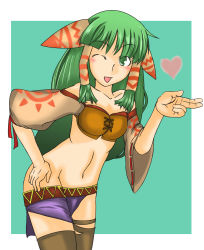 Rule 34 | 1girl, blue eyes, breasts, creature, earrings, feena (grandia), grandia, grandia i, green eyes, green hair, hair ornament, hair tubes, hat, jewelry, long hair, low-tied long hair, midriff, multiple girls, necklace, open mouth, purple hair, shorts, sitting, striped clothes, striped thighhighs, t shatsu, thighhighs, wide sleeves