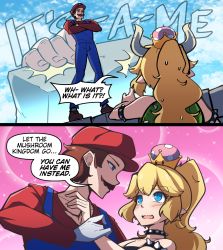 Rule 34 | 1boy, 1girl, 2koma, armlet, bishounen, blonde hair, blue eyes, blush, bowsette, brown hair, carillus, climbing, collar, comic, commentary, couple, english commentary, english text, eye contact, facial hair, fang, gloves, highres, horns, laughing, long hair, looking at another, mario, mario (series), merryweather, mustache, new super mario bros. u deluxe, nintendo, overalls, ponytail, red headwear, red shirt, shirt, skin fang, speech bubble, spiked armlet, spiked collar, spiked shell, spikes, standing, super crown, thick eyebrows, turtle shell, white gloves