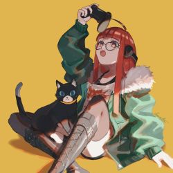 Rule 34 | 1girl, :3, :o, ahoge, animal, behind-the-head headphones, black cat, black footwear, black shorts, black thighhighs, blue eyes, blunt bangs, boots, cat, coat, commentary request, controller, dualshock, feet out of frame, fur-trimmed coat, fur trim, game controller, gamepad, green coat, headphones, highres, holding, holding controller, knee boots, lemontea, long hair, long sleeves, looking up, morgana (persona 5), open clothes, open coat, open mouth, persona, persona 5, persona 5 the royal, playstation controller, purple eyes, red hair, sakura futaba, shirt, short shorts, shorts, sidelocks, signature, simple background, sitting, thighhighs, white shirt, yellow background