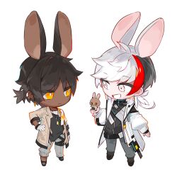 Rule 34 | 2boys, animal ears, arknights, black footwear, black hair, black shirt, bright pupils, brown coat, chibi, choshanland plushy (arknights), coat, commentary, dark-skinned male, dark skin, earclip, elysium (arknights), feather hair, frown, full body, gloves, grey eyes, grey pants, grin, hand on own hip, holding, holding stuffed toy, jewelry, long sleeves, male focus, multicolored hair, multiple boys, necklace, nsi (2312 0120), pants, pants rolled up, rabbit ears, red hair, shirt, short hair, short ponytail, simple background, smile, stuffed toy, thorns (arknights), undershirt, white background, white coat, white gloves, white hair, white pupils, white shirt, yellow eyes