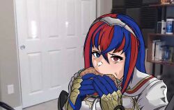 Rule 34 | 1girl, alear (female) (fire emblem), alear (fire emblem), blue eyes, blue gloves, blue hair, burger, chriiis, commentary, door, eating, english commentary, fire emblem, fire emblem engage, food, gloves, hair between eyes, hairband, heterochromia, highres, holding, holding food, indoors, jerma985, long hair, multicolored hair, nintendo, photo background, real life, red eyes, red hair, shirt, solo, streaked hair, two-tone hair, upper body, white shirt