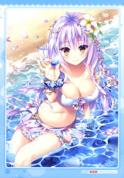 Rule 34 | 1girl, absurdres, arm support, artist name, beach, bikini, blush, bracelet, braid, breasts, cleavage, closed mouth, collarbone, dengeki moeou, english text, fingernails, flower, hair flower, hair ornament, highres, holding, jewelry, light purple hair, long fingernails, long hair, looking at viewer, navel, page number, scan, scrunchie, shell, side braid, sitting, skirt, smile, solo, starfish, sunlight, suzushiro atsushi, swimsuit, very long hair, water, wrist cuffs, yellow eyes