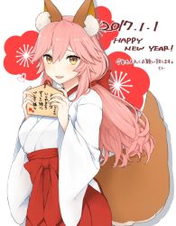 Rule 34 | 10s, 1girl, 2017, :3, animal ear fluff, animal ears, bad id, bad twitter id, blush, breasts, dated, ema, fate/extra, fate (series), floral background, fox ears, fox tail, hair between eyes, hakama, hakama skirt, happy new year, high-waist skirt, holding, ito (silk9f), japanese clothes, kotoyoro, large breasts, long hair, long skirt, looking at viewer, new year, parted lips, pink hair, pleated skirt, red skirt, shadow, skirt, smile, solo, tail, tamamo (fate), tamamo no mae (fate/extra), yellow eyes