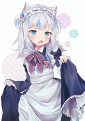 Rule 34 | 1girl, alternate costume, animal ears, blue dress, blue eyes, bow, bowtie, cat ears, clothes lift, commentary, dress, dress lift, fang, frilled dress, frills, gawr gura, hair ornament, hololive, hololive english, kemonomimi mode, lifting own clothes, maid, maid headdress, medium hair, multicolored hair, open mouth, pin, pon miso, purple bow, purple bowtie, shark hair ornament, solo, streaked hair, two-tone dress, upper body, virtual youtuber, white dress, white hair