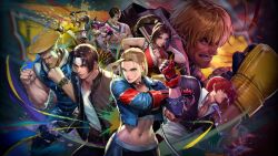 Rule 34 | 3girls, 6+boys, animated, antenna hair, arm guards, bare shoulders, black sports bra, blonde hair, blue eyes, blue jacket, bouncing breasts, breasts, brown eyes, brown hair, cammy white, capcom, cleavage, cropped jacket, crossover, fatal fury, fingerless gloves, folded fan, folding fan, gloves, guile, hair over one eye, han juri, hand fan, headband, high ponytail, highres, holding, holding fan, jacket, jamie siu, japanese clothes, jewelry, ken masters, kim kaphwan, kusanagi kyou, large breasts, long hair, looking at viewer, midriff, multiple boys, multiple girls, navel, ninja, official art, pants, pectoral cleavage, pectorals, ponytail, red hair, revealing clothes, rope, scar, shiranui mai, shirt, short hair, smile, snk, sports bra, street fighter, street fighter 6, tagme, the king of fighters, the king of fighters all-stars, unbuttoned sleeves, union jack, video, white headband, yagami iori, yoga pants