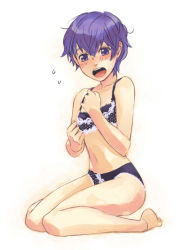 Rule 34 | atlus, barefoot, blush, bra, embarrassed, feet, lingerie, mihara (081mhrs), open mouth, panties, persona, persona 4, purple hair, shirogane naoto, short hair, solo, surprised, underwear