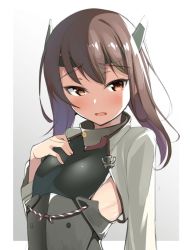 Rule 34 | 10s, 1girl, arm at side, bad id, bad twitter id, blush, breasts, brown eyes, brown hair, commentary request, hair between eyes, hand on own chest, headband, headgear, kantai collection, kurogoma (haruhi3), looking at viewer, muneate, open mouth, short hair, small breasts, solo, taihou (kancolle), upper body