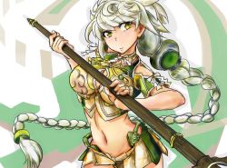 Rule 34 | 10s, 1girl, asymmetrical hair, bare shoulders, braid, breasts, cleavage cutout, clothing cutout, cloud print, female focus, highres, kantai collection, large breasts, long hair, looking at viewer, midriff, navel, serious, silver hair, simple background, single braid, solo, thighhighs, uno ryoku, unryuu (kancolle), very long hair, wavy hair, yellow eyes