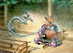 Rule 34 | 1boy, architecture, armor, bad id, bad pixiv id, biwa lute, dragon, east asian architecture, hat, highres, instrument, japanese armor, katana, lute (instrument), male focus, outdoors, plectrum, see-through, sheath, sheathed, sitting, sword, tattoo, weapon, yki (watercolor)