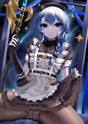 Rule 34 | 1girl, absurdres, apron, bardiche (weapon), black dress, blue eyes, blue hair, braid, commentary, dress, glasses, highres, holding, holding polearm, holding weapon, hololive, hoshimachi suisei, hoshimachi suisei (maid), long hair, looking at viewer, panties, panties under pantyhose, pantyhose, parted lips, pink nails, polearm, roina (effj7473), round eyewear, sitting, sky, smile, solo, spread legs, star (sky), starry sky, underwear, virtual youtuber, weapon, white apron