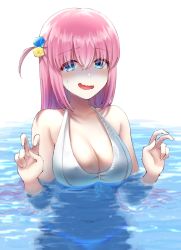 Rule 34 | 1girl, bikini, blue eyes, bocchi the rock!, breasts, cleavage, commentary request, cube hair ornament, gotoh hitori, hair between eyes, hair ornament, hair over eyes, highres, large breasts, long hair, one side up, partially submerged, pink hair, simple background, solo, swimsuit, tsukumo momo, water, white background, white bikini