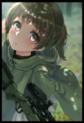 Rule 34 | 1girl, black border, blush, bolt action, border, brown hair, dappled sunlight, gun, hand on own head, headset, highres, looking at viewer, looking up, military, oota youjo, original, poncho, purple eyes, rifle, scope, scrunchie, short ponytail, sniper, sniper rifle, solo, sunlight, weapon