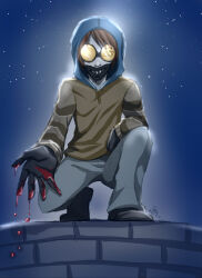 Rule 34 | 1boy, blood, blood on hands, creepypasta, delucat, gloves, goggles, highres, hood, hood up, mask, night, night sky, reaching, reaching towards viewer, sky, ticci toby