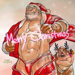Rule 34 | . ., 2boys, abs, animal costume, antlers, bara, beard, belly, bikini briefs, blank stare, bulge, christmas, facial hair, feet out of frame, from below, full beard, glasses, gloves, hat, highres, horns, huge eyebrows, large pectorals, male focus, male underwear, mature male, merry christmas, multiple boys, muscular, muscular male, navel, nipples, old, old man, open pants, original, pants, pectoral lift, pectorals, raitokagami, red headwear, red male underwear, red nose, reindeer antlers, reindeer costume, santa claus, santa costume, santa hat, short hair, shy, solo focus, strongman waist, sweat, sweatdrop, thick beard, thick eyebrows, thick thighs, thighs, underwear, undressing, yaoi