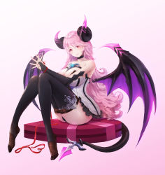 Rule 34 | 1girl, absurdres, aura kingdom, bare shoulders, black choker, black thighhighs, breasts, choker, cookman, demon girl, elbow gloves, fingerless gloves, gloves, highres, horns, large breasts, long hair, looking at viewer, pink background, pink hair, red eyes, sitting, tail, thighhighs, valentine, wings