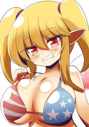 Rule 34 | 1girl, alternate hairstyle, american flag bikini, american flag print, bikini, blonde hair, blush, breasts, cleavage, clownpiece, fairy, fairy wings, flag print, gero zoukin, grin, highres, large breasts, long hair, oppai loli, pointy ears, print bikini, red eyes, smile, solo, swimsuit, touhou, upper body, very long hair, wings